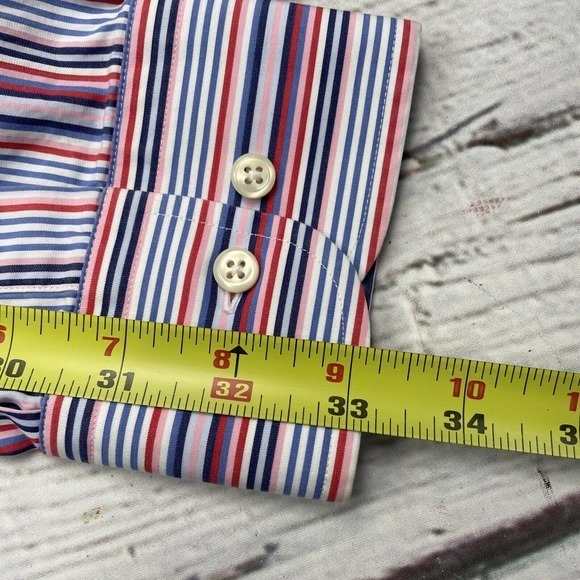 Peter Millar Men Button Down Shirt Size 16 Long Pink Blue Striped Long Sleeve - Picture 12 of 14
